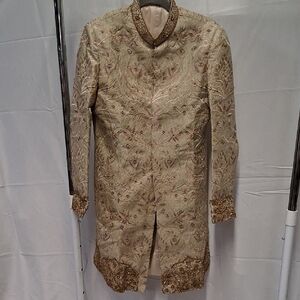 NWT Mens Embroidered Beige Sherwani with Gold Accents